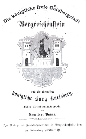 Frontispis a titulní list jeho knihy o Kašperských Horách (1875)