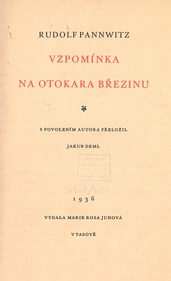 Titulní list (1936) českého překladu jeho textu o básníku Otokaru Březinovi a první strana tohoto přetlumočení, které pořídil Jakub Deml