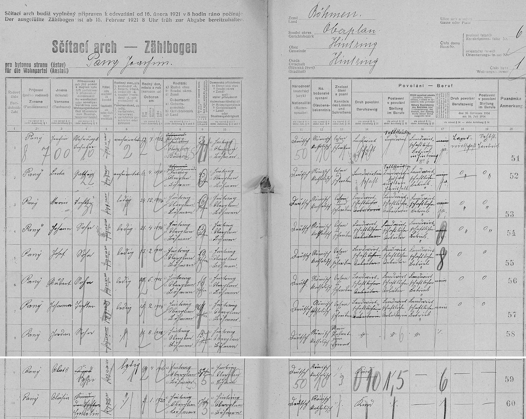 Arch (na jeden list se nevešli) sčítání lidu z roku 1921 pro stavení čp. 5 (usedlostní jméno "Zodern Häusl" si rodina přenesla do Pěkné čp. 47, tj. rodného stavení Robertova) v Záhvozdí (Hintring) s početnou rodinou Joachima Panyho (*13. července 1862 v Záhvozdí) a jeho ženy Berty (*6. dubna 1878 v Šenavě), kde mezi 8 ratolestmi figuruje i Robertův otec Josef (*13. února 1901 v Záhvozdí)