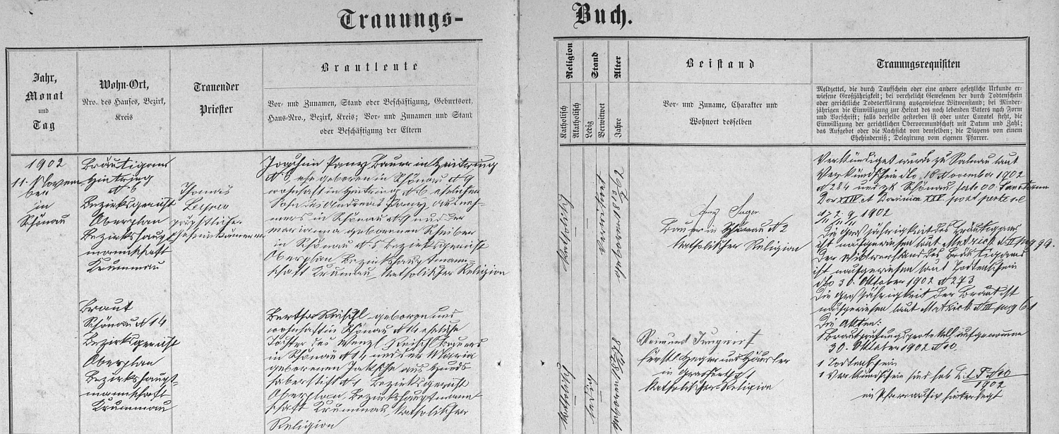Záznam šenavské oddací matriky o tamní druhé svatbě Joachima Panyho 11. listopadu 1902 s Berthou, roz. Reischlovou