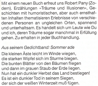 Zpráva o jeho nové knize "Träume und Illusionen" (1998) na stránkách krajanského měsíčníku