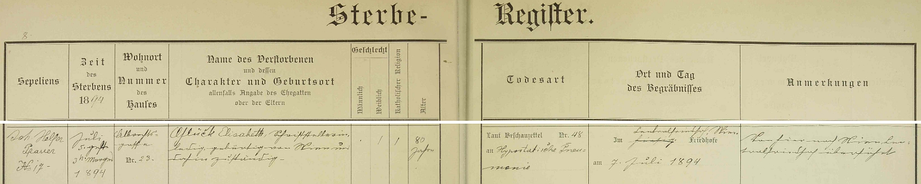 Záznam o jejím skonu v knize zemřelých farní obce Baden