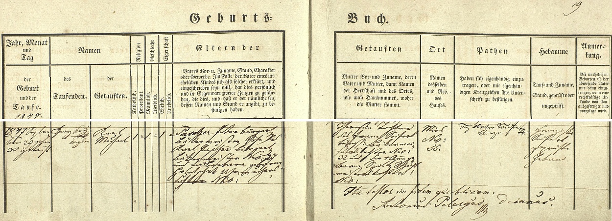 Záznam stříbrské křestní matriky o jeho narození dne 29. září roku 1847 a křtu následujícího dne kaplanem Franzem Kochem na jméno Karl Michael
Pascher - novorozencův otec Peter Pascher, stříbrský měšťan a mistr pekařský v rodném domě chlapcově čp. 35, byl synem mistra pekařského Karla Paschera a jeho ženy Barbary, dcery hodináře Holetschaka, matka novorozencova Theresia byla pak dcerou pekařského mistra Franze Seiferta ze Stříbra čp. 32 a Anny, roz. Szoltzové, dcery ševce Szoltze - zkoušená porodní bába se jmenovala Franziska Seifertová