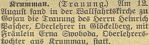 Zpráva o jeho svatbě v Kájově na stránkách českobudějovického německého listu