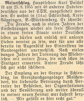 Po propuštění z ČSR napsal v roce 1955 do krajanského měsíčníku i své vyjádření: "znovu jako svobodní lidé ve svobodné zemi"