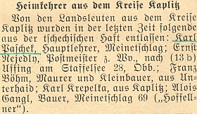 Krátká zpráva o jeho propuštění z československého vězení v roce 1955 do Německa mezi jinými "navrátilci domů" z někdejšího okresu Kaplice