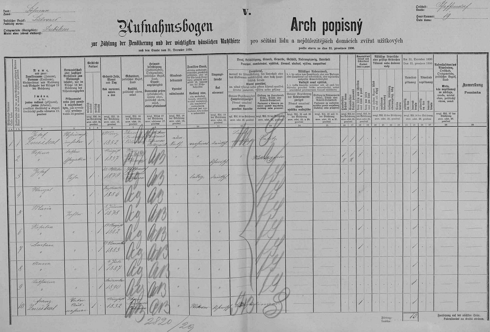 Arch sčítání lidu z roku 1890 pro dům čp. 19 v Hlincové Hoře s rodinou Zmeškalovou a tehdy jedenáctiletým Josefem