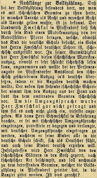 Budějovický německý list přinesl v roce 1901 zprávu o tom, jak se otec Zmeškal (Zmeschkal) ohradil proti českému zápisu v matrice, protože se cítí jako Němec