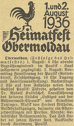 Zpráva o "domovské slavnosti" v Horní Vltavici s projevem Rudolfa Kubitscheka, veselohrou Ernestine Tutzingerové s doprovodem hudby Herberta Wilhelma, to vše v Paulikově hostinci Rudolfova otce, přijímajícího podle poslední věty hosty jako "Kaufmann Paulik"