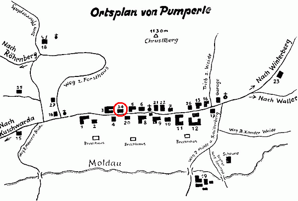 Plánek jeho rodné Řasnice se zvýrazněným čp. 24, kde se narodil
(viz i Alois Meerwald a Karl Spannbauer)