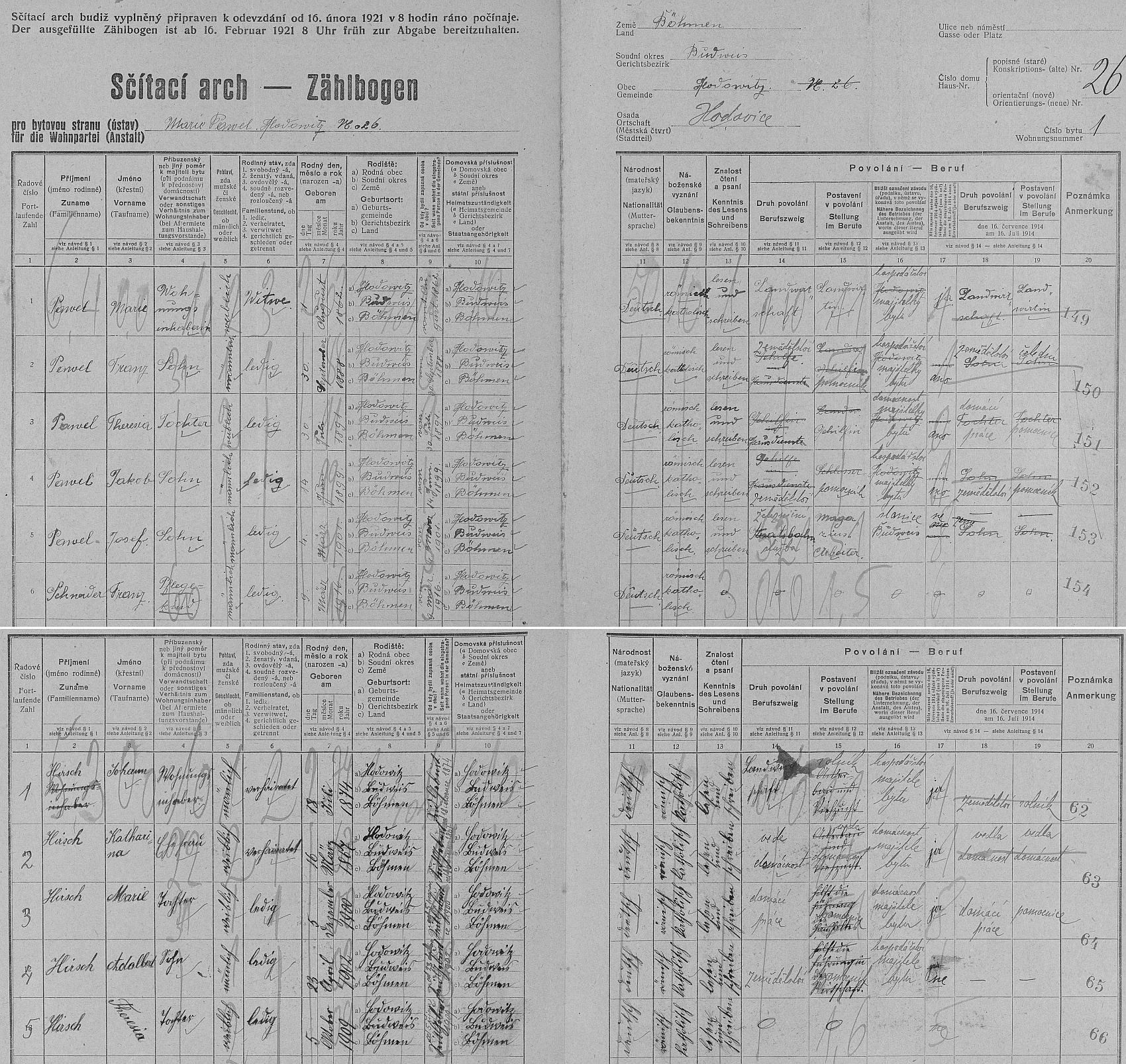 Archy sčítání lidu z roku 1921 pro domy čp. 13 a 26 ve Starých Hodějovicích s rodinami jeho rodičů a s nimi samotnými (Josef Pavel a Maria Hirschová)
