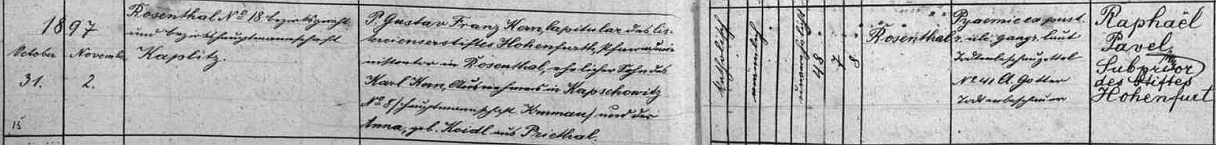 Tady jeho podpis jako podpřevora vyšebrodského kláštera vidíme u matričního záznamu o pohřbu faráře Gustava Franze Kerna roku 1897 v Rožmitále na Šumavě