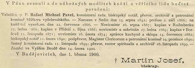 Zpráva o jeho úmrtí v ordinariátním listu budějovické diecéze