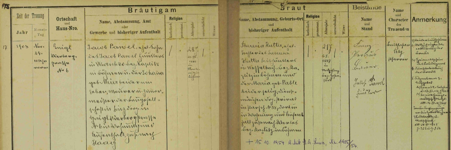 Záznam o jeho svatbě v knize oddaných Aigenu u Salzburgu