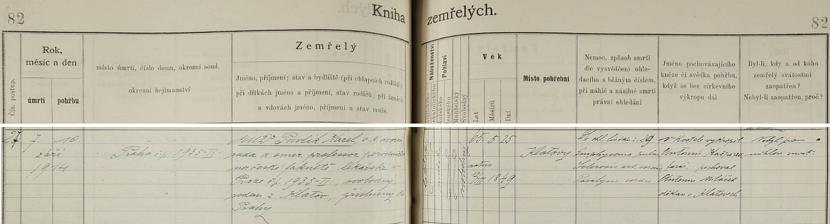 Záznam o jeho skonu v knize zemřelých pražského farního kostela Panny Marie Sněžné