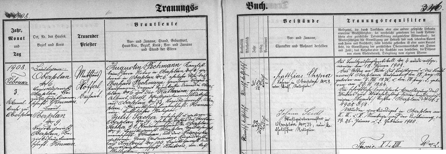 Záznam o svatbě v Hornoplánské knize oddaných, svědkem byl Matthias Chyna