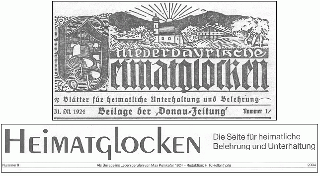 Záhlaví 1. čísla přílohy Heimatglocken z roku 1924, určené tehdy výslovně "milým krajanům
kmenově spřízněných území na obou stranách hranic" a její záhlaví dnešní