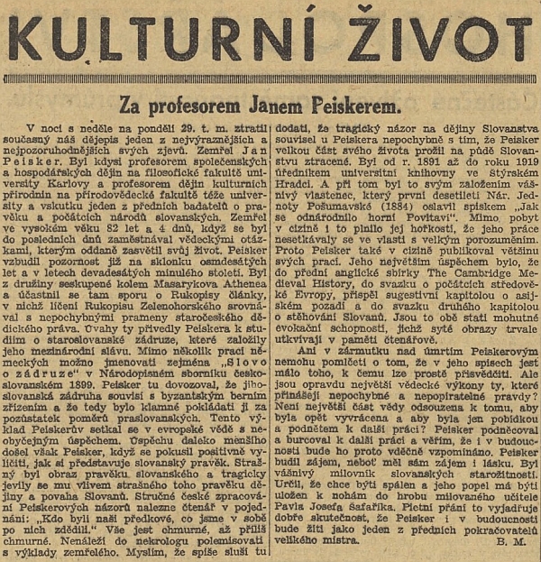 Nekrolog v Národních listech, zmiňující pietní přání Peiskerovo o uložení jeho popele "k nohám do hrobu milovaného učitele Pavla Josefa Šafaříka"