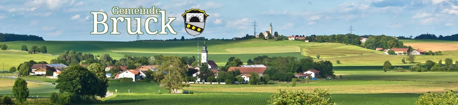 Záhlaví webových stránek obce Bruck s jejím "mluvícím" znakem a s kostelem sv. Michaela archanděla, u něhož je pochován, na kopci v pozadí