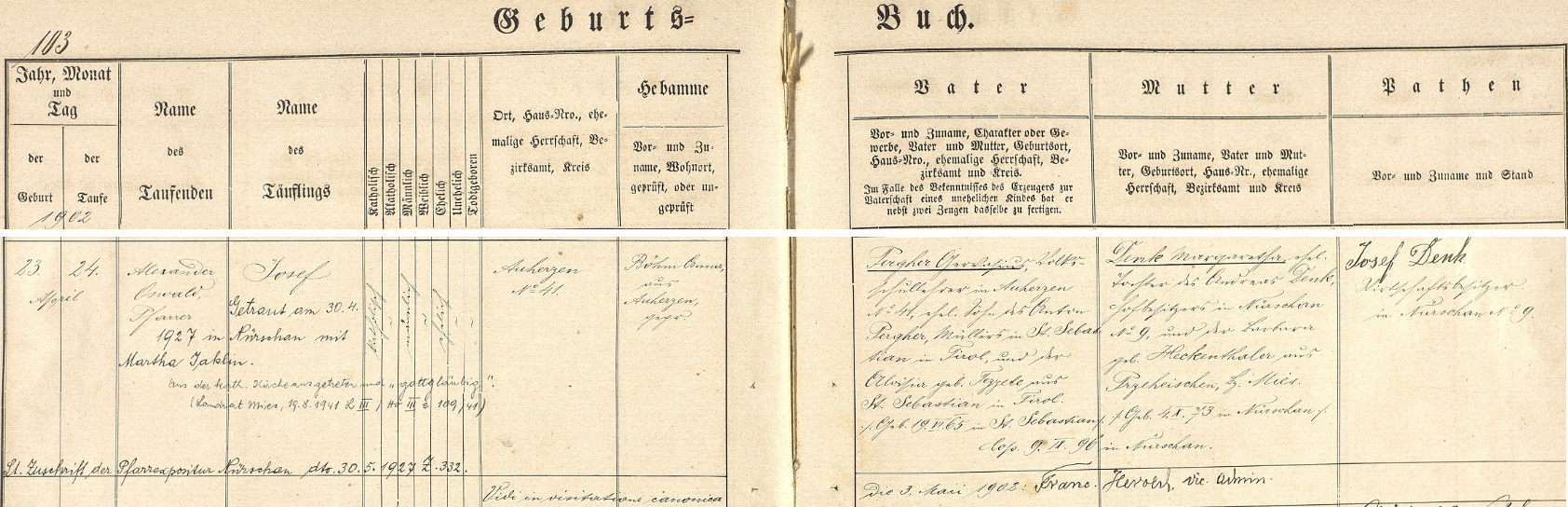 Záznam křestní matriky farní obce Úherce (Auherzen) o jeho zdejším narození 23. dubna roku 1902 a křtu den nato ve velkém novorománském kostele novorozencova patrona sv. Josefa (křestní jméno Josef měl ovšem i kmotr Josef Denk); chlapcův otec Gervasius Pergher (19. června 1865 v tyrolské obci Sankt Sebastian), učitel na obecné škole v Úhercích čp. 41, byl synem Antona Perghera, mlynáře v Sankt Sebastian, odkud byla i Antonova žena a Gervasiova matka Aloisie, roz. Tezzeteová; novorozencova matka Margarethe (*4. října 1873 v Nýřanech /Nürschan/) byla dcerou majitele selské usedlosti v Nýřanech čp. 9 Andrease Denka a jeho ženy Barbary, roz. Heckenthalerové z Přehýšova (Przeheischen), okr. Stříbro (Mies); svatba rodičů se konala v Nýřanech 9. září roku 1896; pozdější přípis uvádí datum svatby Josefa Perghera s Marthou Jaklinovou v Nýřanech 30. dubna 1927 a také datum, kdy Josef Pergher 19. srpna válečného roku 1941 ve Stříbře vystoupil z římskokatolické církve a nadále užíval ohledně náboženského vyznání jen označení "gottgläubig", tj. "věřící v Boha"