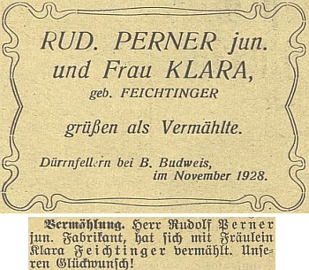 Oznámení Rudolfa (II.) Pernera o jeho druhé svatbě roku 1928 na Dobré Vodě u Českých Budějovic (i Suché vrbné, odkud je text poslán, bylo tehdy dosud samostatnou obcí, přifařenou k Dobré Vodě)