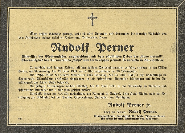 Parte a poděkování za projevy soustrasti k úmrtí "starého mistra" Pernera v roce 1933