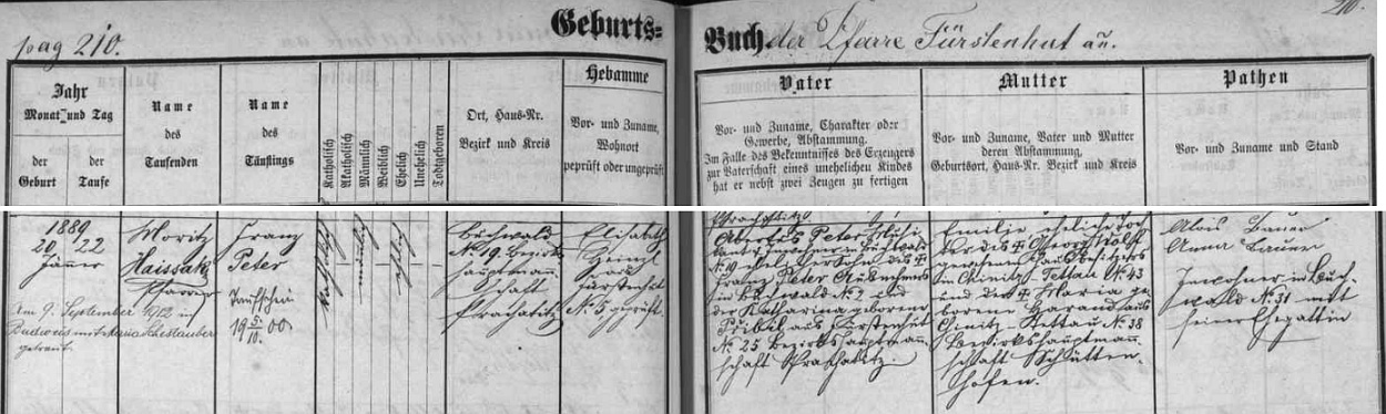 Záznam o jeho narození na Bučině v lednu roku 1889 s přípisem o Peterově českobudějovické svatbě 9. září 1912 s Marií Schestauberovou