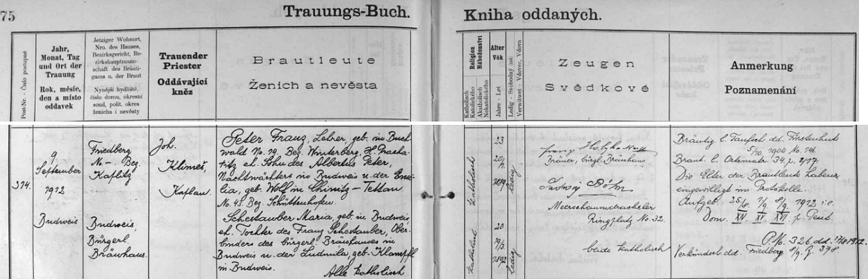 Záznam v českobudějovické oddací matrice o jeho zdejší svatbě s Marií Schestauberovou, dcerou "vrchního bednáře" měšťanského pivovaru Franze Schestaubera a jeho ženy Ludmilly, roz. Klampflové, obou z Českých Budějovic