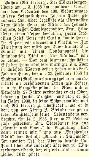 Na pasovském slavnostním večeru v březnu 1958 ke 100. výročí jeho narození, pořádaném vimperskými krajany, jehož se účastnila jeho tehdy ještě žijící vdova Gisela Peterová, dále jeho neteř Hilde Peterová, jakož i Dr. Rupert Steinbrener s chotí, zazněla úvodem Smetanova "Vltava"