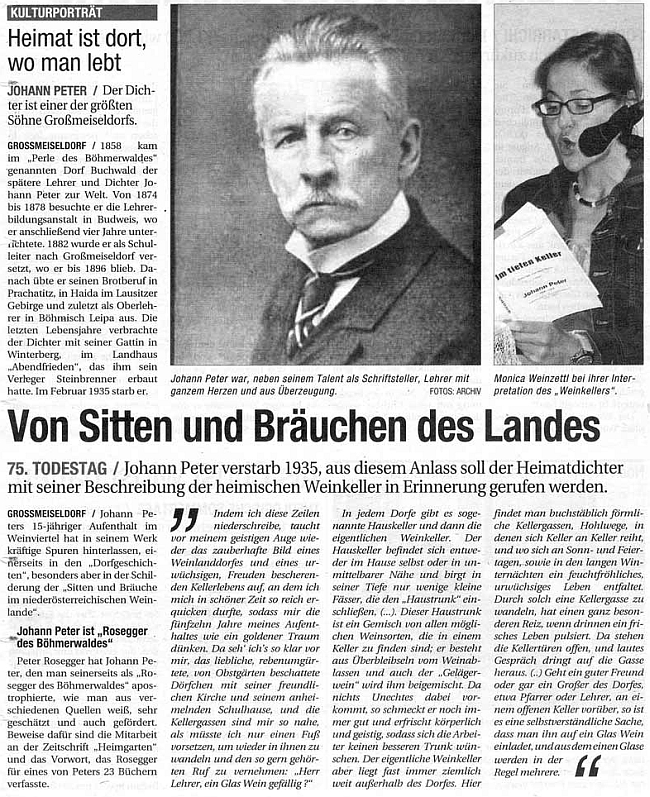 Článek v rakouském tisku k 75. výročí jeho úmrtí obsáhle cituje slova předmluvy
Petera Roseggera k jedné z Peterových knih