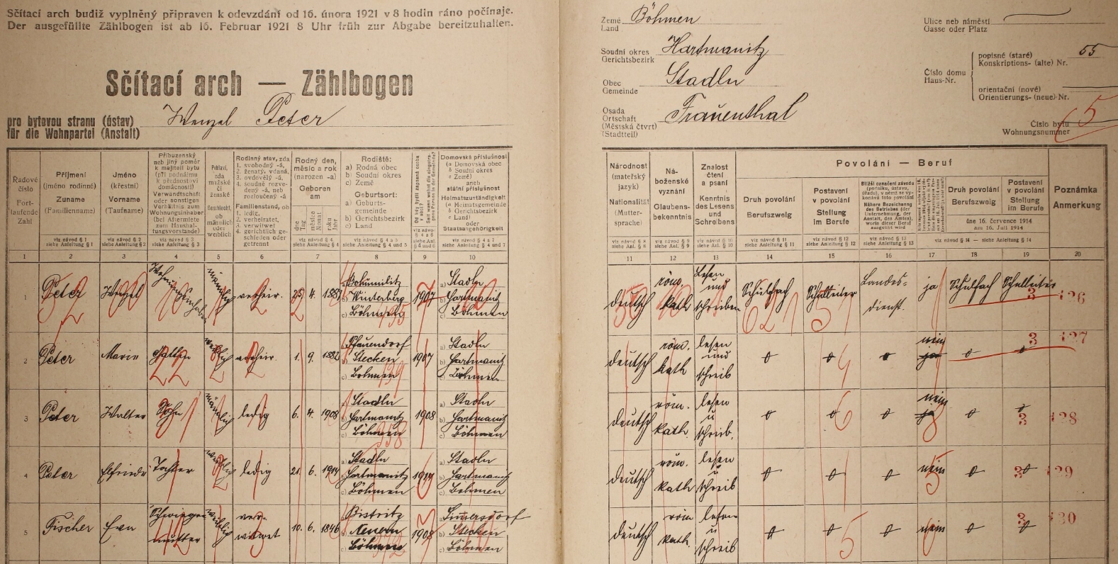 Arch sčítání lidu z roku 1921 pro stavení čp. 55 ve zcela dnes zaniklých Stodůlkách s rodinou učitele Wenzela Petera