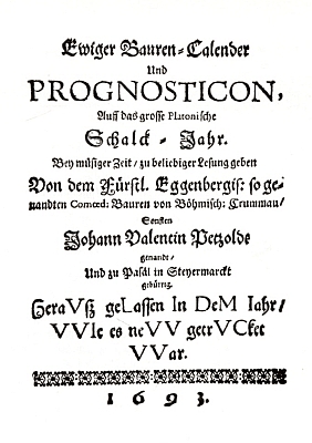 Titulní list jeho "věčného selského kalendáře a pranostiky na velký platonský přestupný rok", vyšlého tiskem v roce 1693