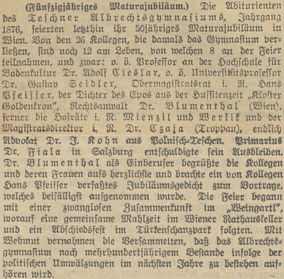 Zpráva o setkání abiturientů těšínského Albrechtova gymnázia ročníku 1876 byla prvním vodítkem k jeho životním datům