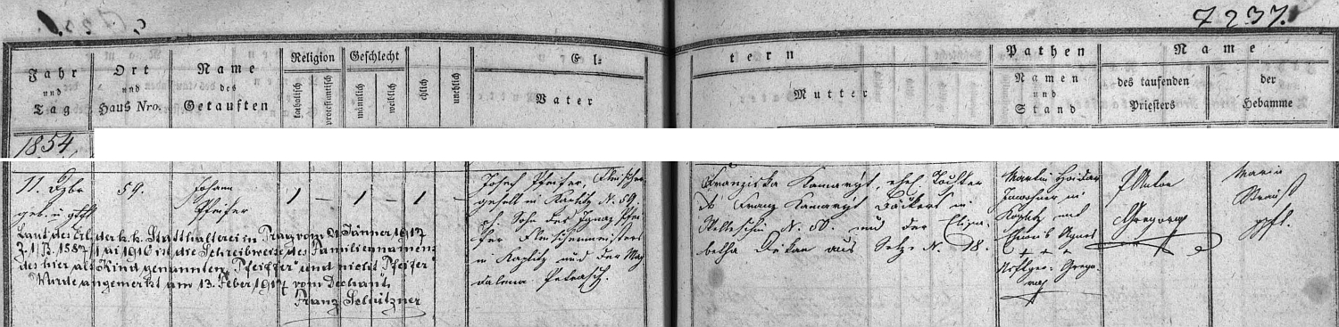 Záznam kaplické křestní matriky o narození Johanna Pfeifera s přípisem děkana Franze Schütznera o změně psaní příjmení na Pfeiffer