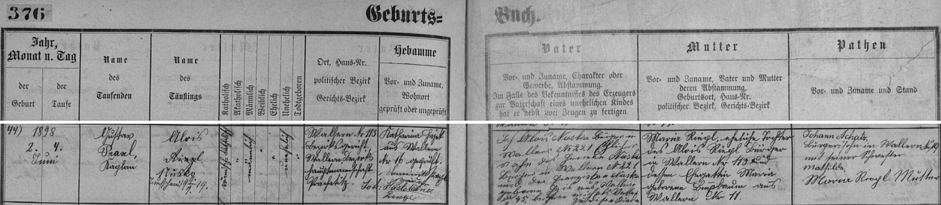 Záznam křestní matriky farní obce Volary o jeho narození Aloisi Nuskovi staršímu (synu Hermana Nusko a jeho ženy Franzisky, roz. Hoisové, obou z Volar) a jeho manželce Marii, dceři Aloise Riegla a Marie, roz. Buchbaumové (ta je tu i podepsána jako kmotra), rovněž obou z Volar