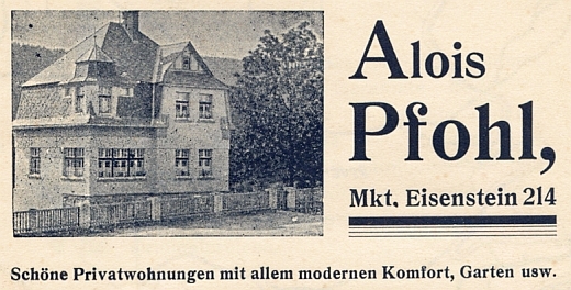 Dům Pfohlových v Železné Rudě - inzerát otcův tu nabízí v rodném domě privátní ubytování "se vším moderním komfortem, zahradou atd."