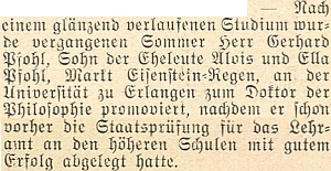 Zprávu o jeho promoci na doktora filosofie v Erlangen přinesl
krajanský měsíčník ve svém vánočním čísle roku 1953