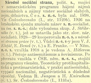 Heslo z Masarykova slovníku naučného (1931) staví skutečně český národní socialismus po bok německému nacismu, tehdy ještě teprve usilujícímu u moc