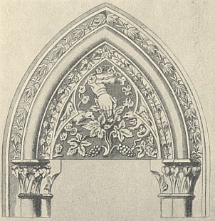 Tympanon ve vyšebrodském klášteře na staré kresbě a dnes (viz i Bernhard Grueber)