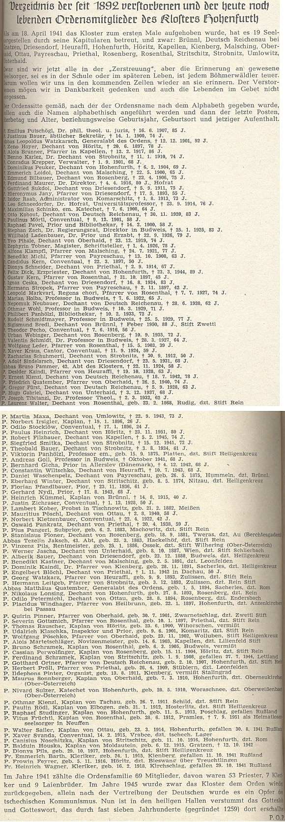 Seznam od roku 1892 zemřelých a v roce 1952 dosud žijících řádových bratří vyšebrodských, podepsaný P.O.P. (mohl by to být páter Odilo Petermichl /1894-1970/)