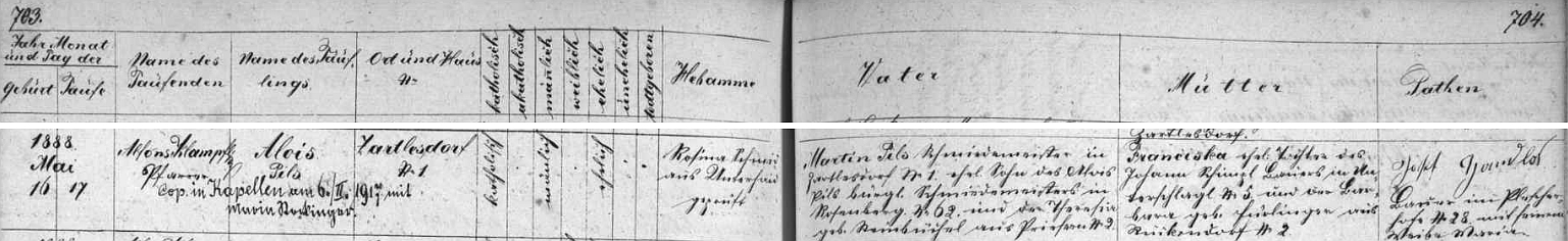 Záznam o narození a křtu jeho otce v matrice farni obce Dolní Dvořiště s pozdějším přípisem o jeho svatbě