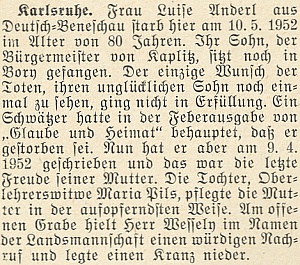 O úmrtí jeho tchyně Luise Anderlové v květnu roku 1952 v Karlsruhe, kde žila i její dcera Maria, vdova po něm