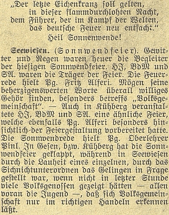 Zpráva o nacistických oslavách letního slunovratu za aktivní účasti jeho a Fritze Alferiho