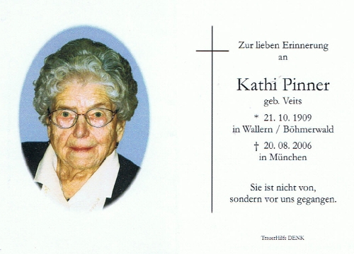 Úmrtní lístky Hanse Pinnera a jeho ženy Kathi, roz. Veitsové,
vnučky malíře Franze Veitse a sestry jeho vnuka Fritze Veitse