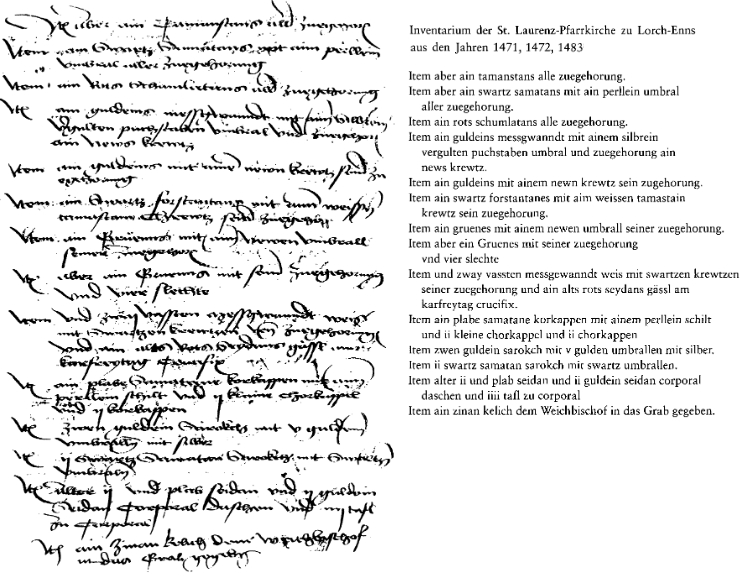 Originál a přepis záznamu z inventáře kostela sv. Vavřince v Lorchu