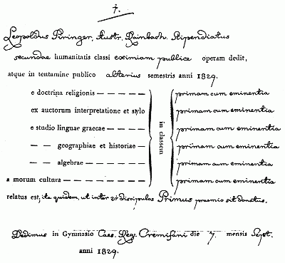 Vysvědčení Leopolda Piringera z roku 1829