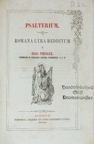 Titulní list jeho další knihy (1859) s razítkem knihovny kláštera v Kremsmünsteru