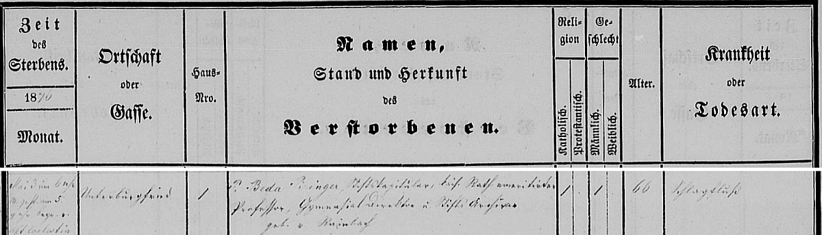 Záznam o jeho úmrtí v kremsmünsterské knize zemřelých