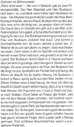 Anonymní nářeční vzpomínka na holiče Ruperta Buxbauma, jejího otce, na stránkách krajanského měsíčníku