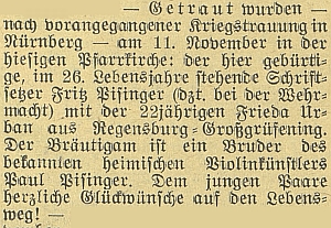 Zpráva o válečné svatbě jeho bratra, sazeče Fritze Pisingera, ve Vimperku 11. listopadu 1941